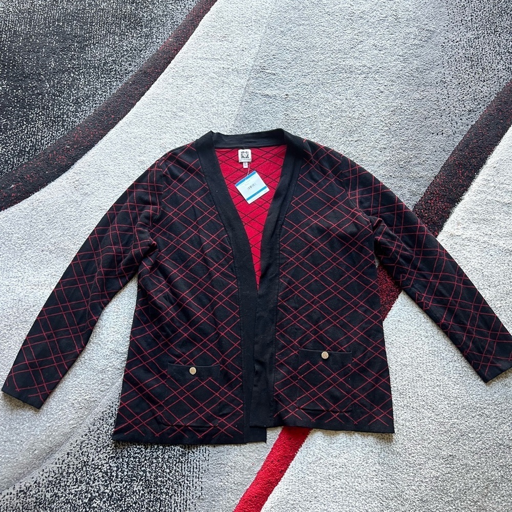 Anne Klein Black Red Open Front Cardigan